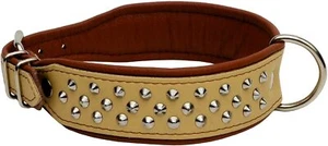 Naturale/Toffee Borchiato Vera Pelle Cane Collare Imbottito Handmade Grande - Foto 1 di 3