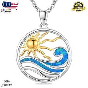 925 Sterling Silver Wave Necklace Ocean Sun Beach Wave Necklace for Women - Picture 1 of 6