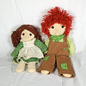 Set of 2 Vintage Rag Dolls Boy & Girl Hand Sewn Button Eyes Plush Yarn Hair - Picture 1 of 14