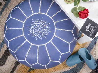 STUFFED Moroccan Genuine Leather Boho Pouf Ottoman Footstool, living room deco - Image 1 of 4