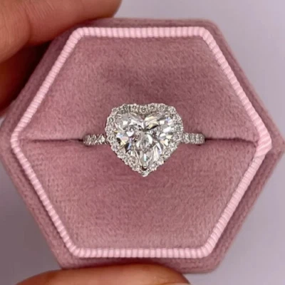 14k White Gold 2.50CT Hear Lab Grown/CVD Diamond Halo Engagement Wedding Ring - Image 1 of 4