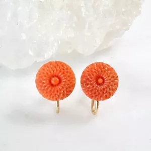 14k Gold Carved Coral Flower Earrings - Elegant Non-Pierced Design - Picture 1 of 9