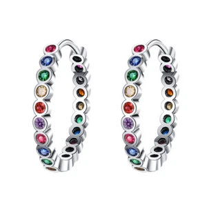 925 Solid Sterling Silver Vintage Rainbow Zirconia Small/Big Hoop Earrings Gifts - Picture 1 of 13