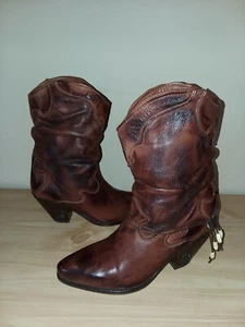 Vintage 70's ZODIAC Marbled Brown Leather High Heel Boots Western 7 M Slouchy - Picture 1 of 12