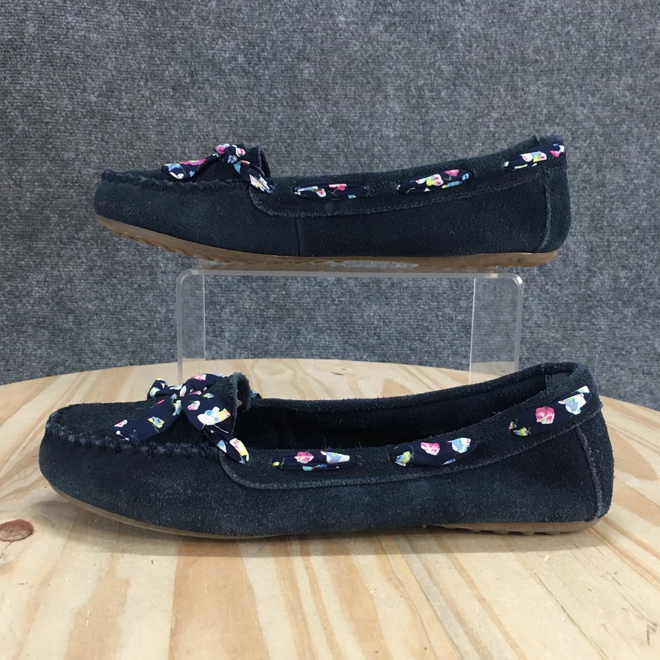 Minnetonka Shoes Womens 10 Blue Floral Bow Moccasin Slip On Flats Suede 69595 - Image 1 of 4