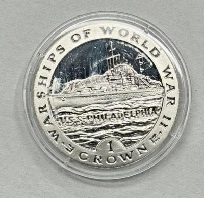 Moneda de plata de prueba de la corona de Gibraltar 1993 serie de buques de guerra de la Segunda Guerra Mundial USS Philadelphia Foto 1 de 4