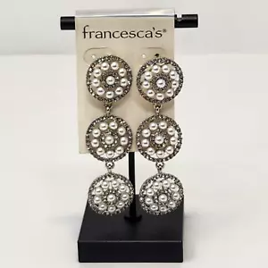 Francescas Faux Pearl Crystal Circle Dangle Post Earrings Silver Tone Statement - Picture 1 of 4