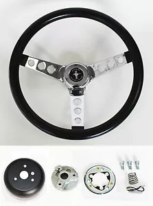 New 1965-1969 Mustang Black Steering Wheel 14 1/2" with chrome spokes & horn kit - Picture 1 of 8