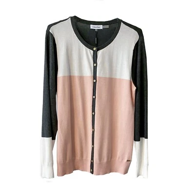 Cárdigan Clásico Calvin Klein Suéter Abotonado Carrera Rosa Gris Mujer’s XL Nuevo Foto 1 de 4