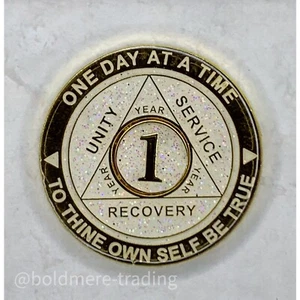1 Year Alcoholics Anonymous Medallion White Gold Plated AA Sobriety Chip Coin - Picture 1 of 6