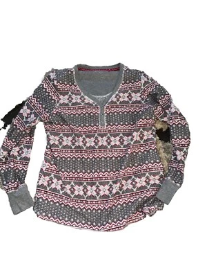 Nautica Pajama Set Womens Large Gray Pink Long Sleeve Henley Neck Pullover Cozy - Image 1 of 4