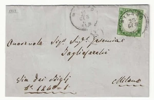 1861 Sardegna - Lettera per città con 5 c. verde oliva giallastro Sassone 13Cc - Foto 1 di 2