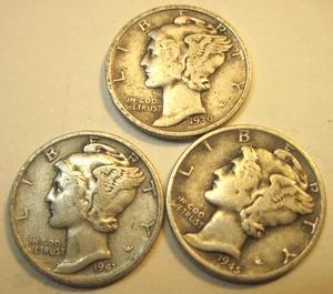 1939 D, 1941 & 1945 P * Lot of 3 * MERCURY DIMES Dime *FREE SHIP USA ONLY Please - Picture 1 of 3
