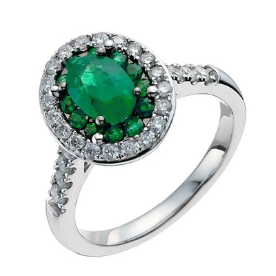 Anillo halo moissanita esmeralda verde ovalado de 2,05 quilates de oro blanco de 14 quilates Foto 1 de 3