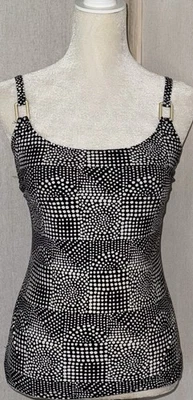 Christina Swimwear Sport 10D Blk White Dots Adjustable Straps Shelf Bra Tankini - Image 1 of 4