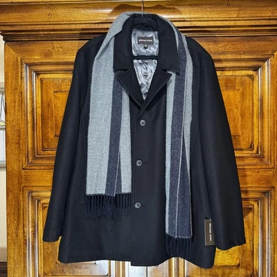 Michael Kors Coat Mens 2XL Black Wool Blend Peacoat Overcoat Winter Scarf NWT - Image 1 of 4