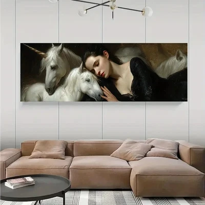 Panoramic Woman Cuddling Unicorn Painting Canvas Wall Art Home Décor Picture - Image 1 of 4