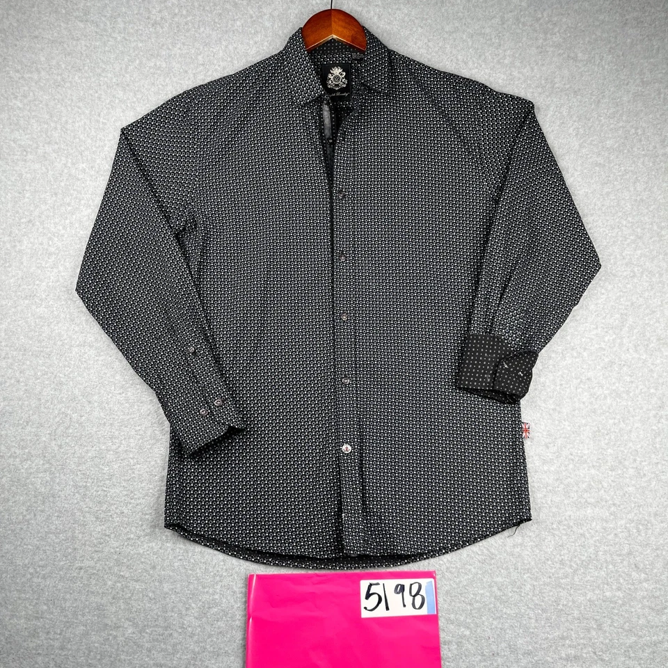 英国洗衣衬衫 M 黑色灰色几何翻盖袖口纽扣长袖男式 — 第 1/4 张图片