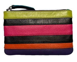 ILI Genuine Leather Stripe Key/Card/Coin Purse With RFID In BLack Brights - Picture 1 of 2