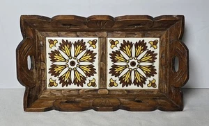 Vintage 70s Wooden Carved Ceramic Brown/Yellow Flowers Tile Serving Tray - Picture 1 of 7
