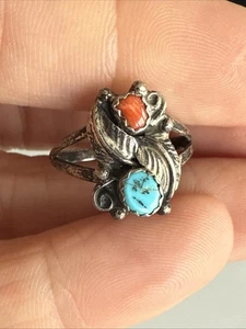 Sterling Silber Türkis Ring Karneol Band Gr. 7,5 alter Indianerschmuck - Bild 1 von 5