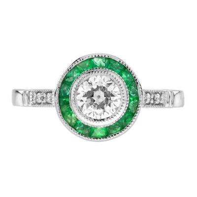 Anillo de compromiso de platino 950 diamantes naturales y esmeraldas estilo Art Deco objetivo Foto 1 de 4