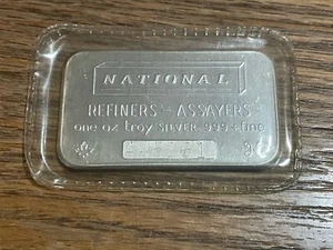Vintage National Refiners Assayers 1 Troy Ounce .999 Fine Silver Bar- No.445161 - Picture 1 of 6