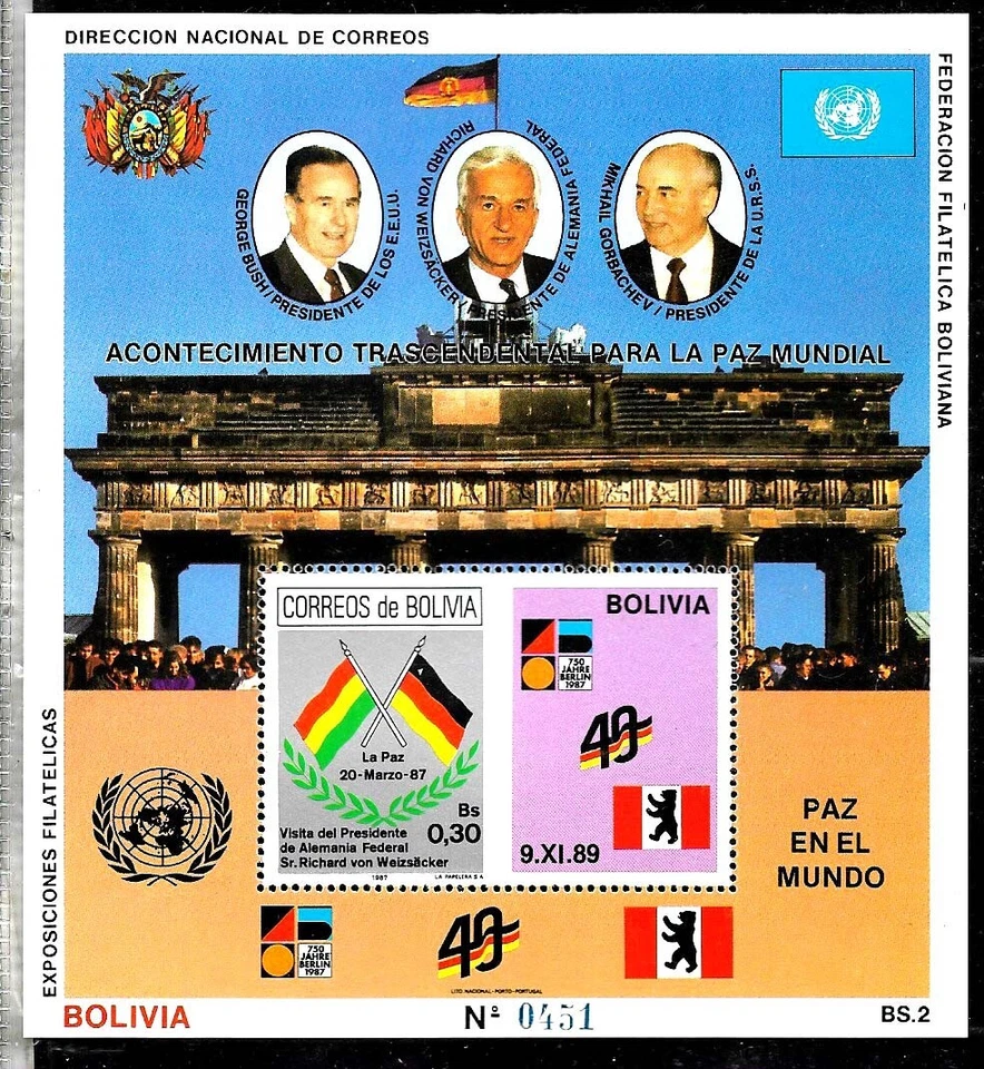 #2234 BOLIVIA 1990 WORLD PEACE GERMANY-USA-URSS FLAG S/S MI BL 184 YV BL156 MNH - Image 1 of 1