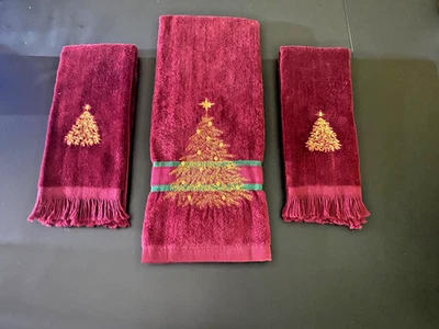 Juego de 3 Toallas de Mano para Invitados Borgoña Oro Bordado Árbol de Navidad Vintage Foto 1 de 4