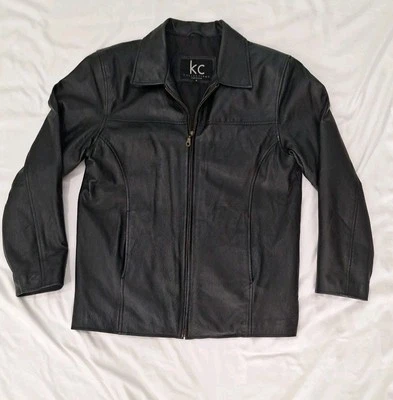 Chaqueta de cuero negra pequeña de motociclista KC Collections para mujer cremallera completa con bolsillos Foto 1 de 4