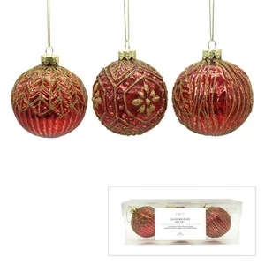 Red & Gold Lace Glass Bauble Set 8cm - Picture 1 of 1
