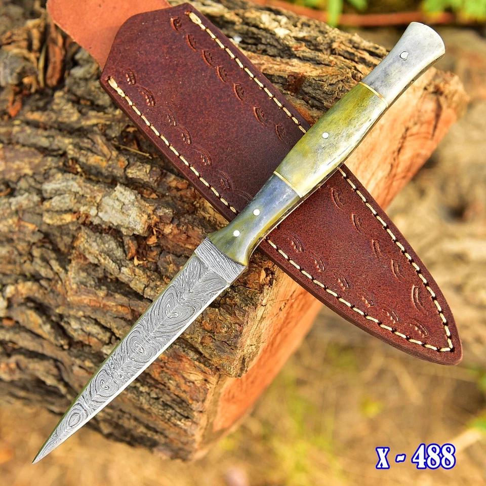 AJ SANITY KNIVES Handmade Double-Edged Damascus steel Hunting Dagger boot Knife Camel Bone Handle