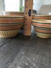 Vintage Antique ribbed yellow ware 4 Piece Mixing bowl set. Blue, Brown stripes.