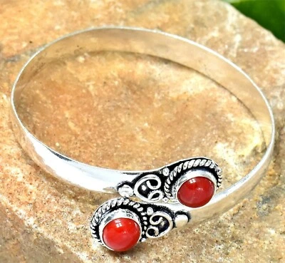 Brazalete de plata de ley 925 italiano con piedras preciosas de coral rojo hecho a mano talla 7-8 Foto 1 de 2