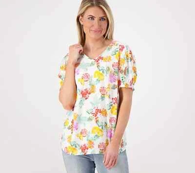 Denim & Co. Blusa Estampada con Puño Manga Calada Blanca Talla M A602890 Foto 1 de 2