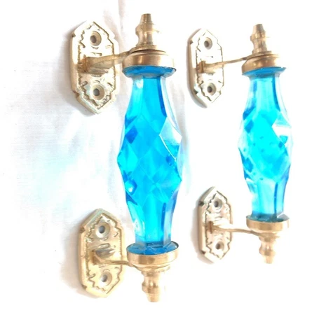 2 Ps Sky Blue Glass Door Handle w Brass Puller Cabinet Kitchen Knobs Home Decor Cover