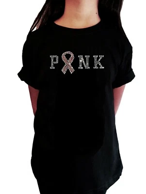 Camiseta de diamantes de imitación para niñas "Cinta rosa de concientización sobre el cáncer" en todas las tallas Foto 1 de 2