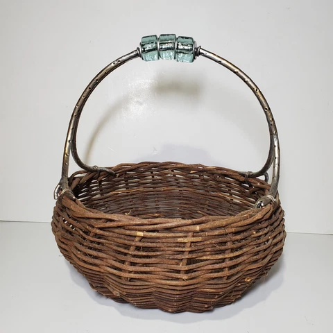 Vintage Hand Woven Basket Wicker with glass Jeweled metal branch  Handle Cover