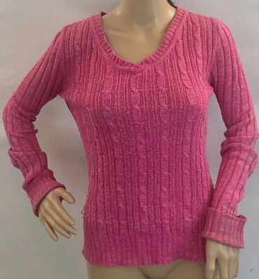 HEART-N-CRUSH GIRLS Rosa con Hilo Plateado Cable Tejido Cuello en V Suéter Claro, L 10/ Foto 1 de 3