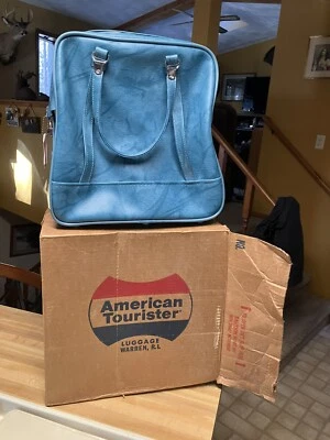 70s Vintage American Tourister Shoulder Tote Carry On Bag Blue Luggage With Box - Image 1 of 4