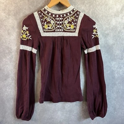 Free People Embroidered Beaded Plum High Neck Shirt Blouse Womens Sz XS / TP $88 - Image 1 of 4