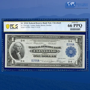 Fr.718 1918 $1 FRBN Cleveland "GREEN EAGLE", Three Digits, PCGS GEM 66 PPQ #299 - Picture 1 of 3
