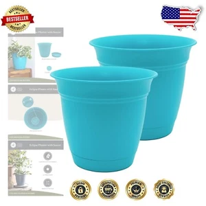 Lightweight UV-Resistant 12" Teal Planters with Saucer for Indoors & Outdoors - Picture 1 of 10