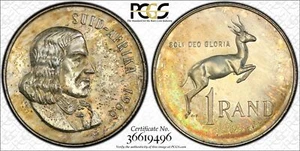 1966 South Africa 1 Rand Afrikaans Silver PCGS PR64 Toned Gold Shield - Picture 1 of 1