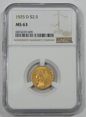 1925-D GOLD Indian Head $2.50 Quarter Eagle CERTIFIED NGC MS 63 - Image 1 of 4