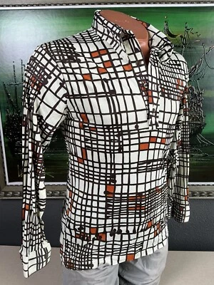 Camisa de manga larga con patrón geométrico cuadrado marrón y naranja discoteca Barclay años 70 M  Foto 1 de 4