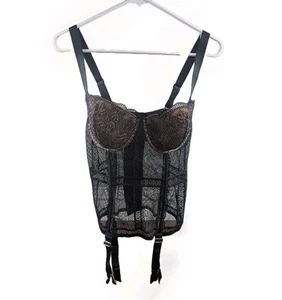 Victoria’s Secret 36D Black Peach Lace Corset Bustier Garter Boned Mesh Wire Bra - Picture 1 of 9