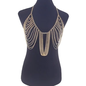 Women Metal Bralette Chest Chain Harness Festival Wear Body Jewelry Concert Gold - Picture 1 of 26
