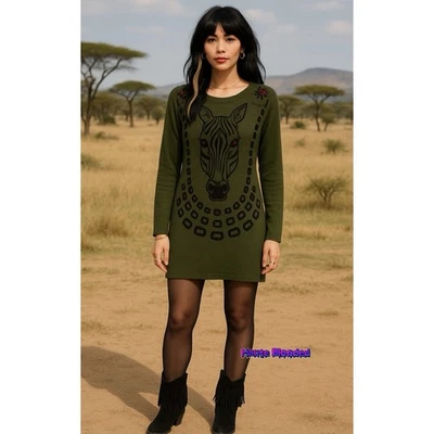 Vintage 80s Deadstock Sweater Dress Zebra Studded Jewel Art Deco Body Con Safari - Image 1 of 4