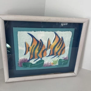 Figi Grafik handgegossenes Papier tropische Fische/Koralle signiert Marino gerahmt Vintage - Bild 1 von 9